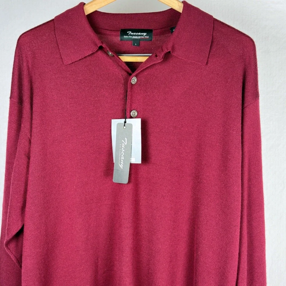 Tuscany Le Collezioni Mens Fine Italian Merino Wool Polo Sweater Burgundy L